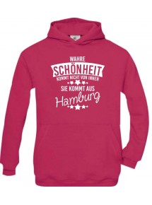 Kinder Kapuzenpullover Wahre Schönheit kommt aus Hamburg, pink, 110/116