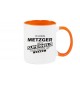 Kaffeepott beidseitig mit Motiv bedruckt Ich bin Metzger, weil Superheld kein Beruf ist, Farbe orange