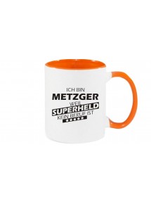 Kaffeepott beidseitig mit Motiv bedruckt Ich bin Metzger, weil Superheld kein Beruf ist, Farbe orange