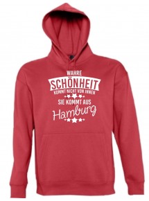 Kapuzen Sweatshirt Wahre Schönheit kommt aus Hamburg, rot, L
