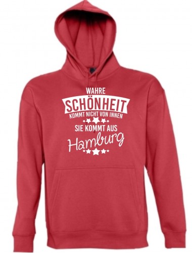 Kapuzen Sweatshirt Wahre Schönheit kommt aus Hamburg, rot, L