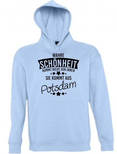Kapuzen Sweatshirt Wahre Schönheit kommt aus Potsdam, hellblau, L