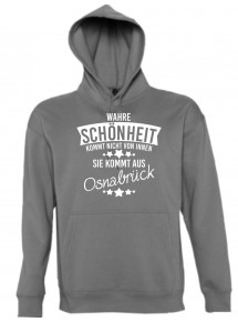 Kapuzen Sweatshirt Wahre Schönheit kommt aus Osnabrück, grau, L