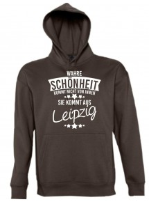 Kapuzen Sweatshirt Wahre Schönheit kommt aus Leipzig, braun, L