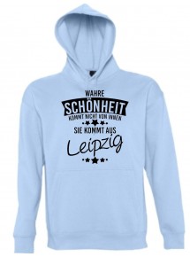 Kapuzen Sweatshirt Wahre Schönheit kommt aus Leipzig, hellblau, L