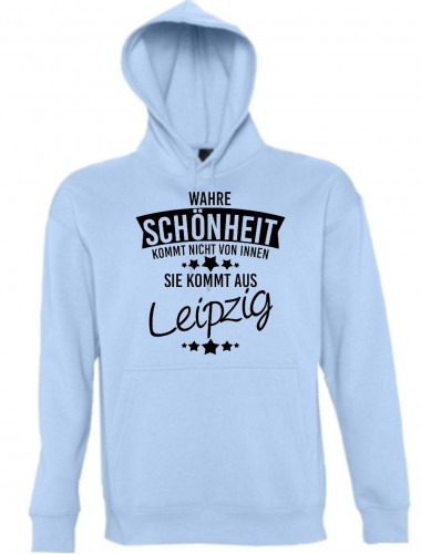 Kapuzen Sweatshirt Wahre Schönheit kommt aus Leipzig, hellblau, L