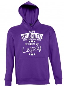 Kapuzen Sweatshirt Wahre Schönheit kommt aus Leipzig, lila, L