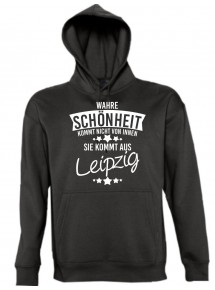 Kapuzen Sweatshirt Wahre Schönheit kommt aus Leipzig, schwarz, L