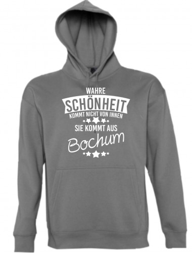 Kapuzen Sweatshirt Wahre Schönheit kommt aus Bochum, grau, L