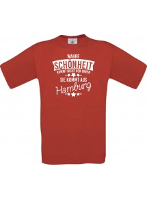 Kinder-Shirt Wahre Schönheit kommt aus Hamburg, Farbe rot, 104