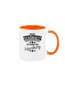 Kaffeepott, Wahre Schönheit kommt aus Hamburg, orange