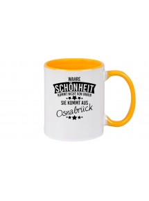 Kaffeepott, Wahre Schönheit kommt aus Osnabrück, gelb