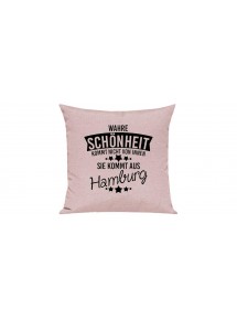 Sofa Kissen, Wahre Schönheit kommt nicht von innen Sie kommt aus Hamburg, Farbe rosa