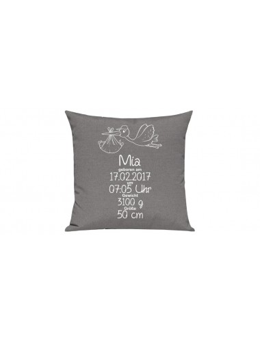 Sofa Kissen, ein tolles Geschenk zur Geburt mit deinem persönlichen Initialien Storch, Farbe grau