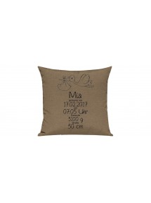 Sofa Kissen, ein tolles Geschenk zur Geburt mit deinem persönlichen Initialien Storch, Farbe hellbraun