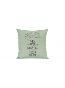 Sofa Kissen, ein tolles Geschenk zur Geburt mit deinem persönlichen Initialien Storch, Farbe pastellgruen