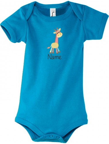 Baby Body mit tollen Motiven inkl Ihrem Wunschnamen Giraffe, Farbe hellblau, Größe 12-18 Monate