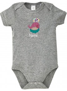 Baby Body mit tollen Motiven inkl Ihrem Wunschnamen Wal, Farbe grau, Größe 12-18 Monate