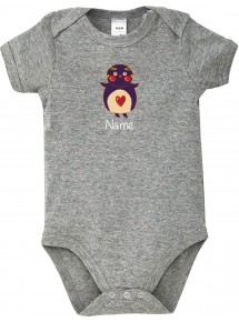 Baby Body mit tollen Motiven inkl Ihrem Wunschnamen Pinguin, Farbe grau, Größe 12-18 Monate