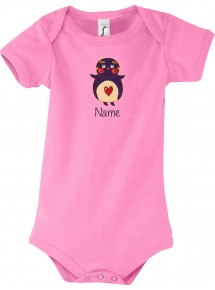 Baby Body mit tollen Motiven inkl Ihrem Wunschnamen Pinguin, Farbe rosa, Größe 12-18 Monate