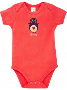Baby Body mit tollen Motiven inkl Ihrem Wunschnamen Pinguin, Farbe rot, Größe 12-18 Monate