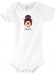 Baby Body mit tollen Motiven inkl Ihrem Wunschnamen Pinguin, Farbe weiss, Größe 12-18 Monate