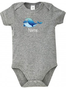 Baby Body mit tollen Motiven inkl Ihrem Wunschnamen Delfin, Farbe grau, Größe 12-18 Monate