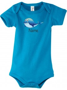 Baby Body mit tollen Motiven inkl Ihrem Wunschnamen Delfin, Farbe hellblau, Größe 12-18 Monate
