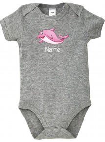 Baby Body mit tollen Motiven inkl Ihrem Wunschnamen Delfin, Farbe grau, Größe 12-18 Monate