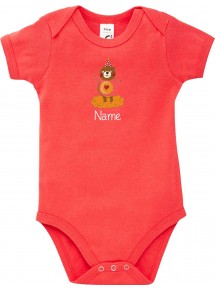 Baby Body mit tollen Motiven inkl Ihrem Wunschnamen Bär, Farbe rot, Größe 12-18 Monate