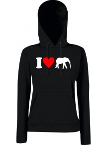 Lady Kapuzensweatshirt Zoo Tiere Animals I Love Elefanten, schwarz, XS