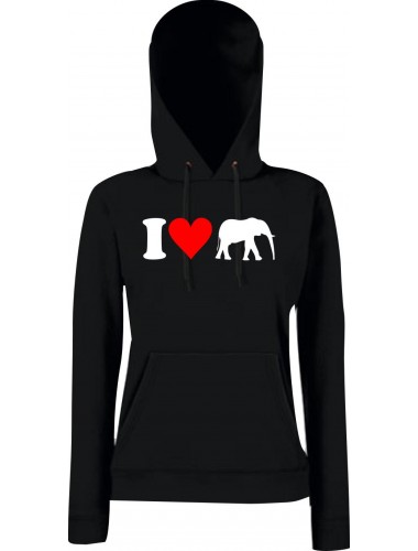 Lady Kapuzensweatshirt Zoo Tiere Animals I Love Elefanten, schwarz, XS