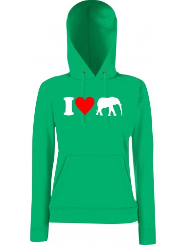 Lady Kapuzensweatshirt Zoo Tiere Animals I Love Elefanten, KellyGreen, XS