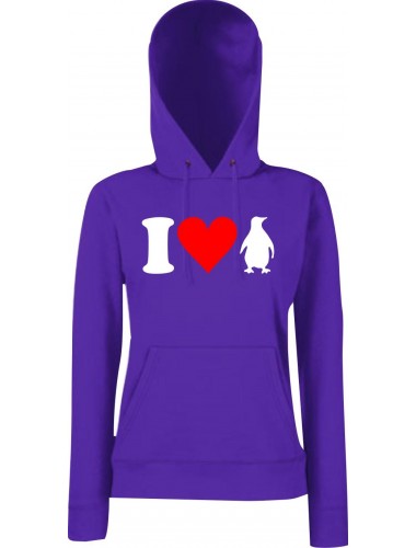 Lady Kapuzensweatshirt Zoo Tiere Animals I Love Pinguine, Purple, XS