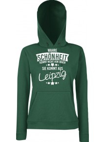 Lady Kapuzensweatshirt Wahre Schönheit kommt aus Leipzig, BottleGreen, L