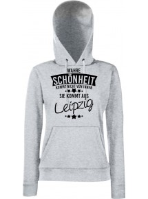 Lady Kapuzensweatshirt Wahre Schönheit kommt aus Leipzig, HeatherGrey, L