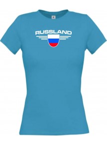 Lady T-Shirt Russland, Wappen, Land, Länder, türkis, L