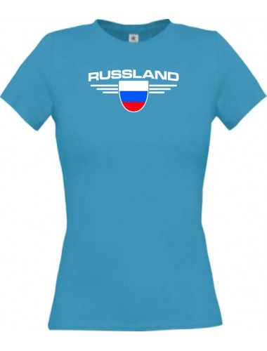 Lady T-Shirt Russland, Wappen, Land, Länder, türkis, L