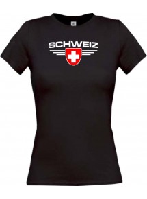 Lady T-Shirt Schweiz, Wappen, Land, Länder, schwarz, L