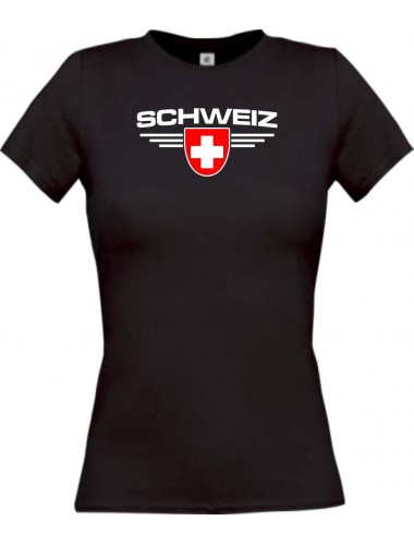 Lady T-Shirt Schweiz, Wappen, Land, Länder, schwarz, L