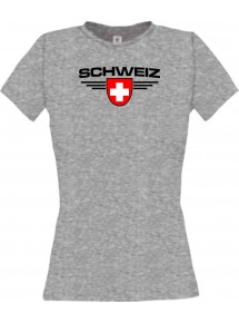 Lady T-Shirt Schweiz, Wappen, Land, Länder, sportsgrey, L