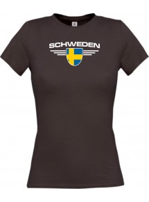 Lady T-Shirt Schweden, Wappen, Land, Länder, braun, L