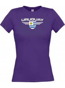 Lady T-Shirt Uruguay, Wappen mit Wunschnamen und Wunschnummer Land, Länder, lila, L