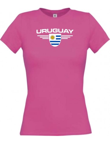 Lady T-Shirt Uruguay, Wappen mit Wunschnamen und Wunschnummer Land, Länder, pink, L