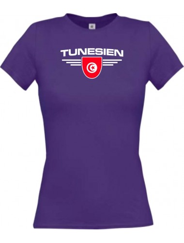 Lady T-Shirt Tunesien, Wappen mit Wunschnamen und Wunschnummer Land, Länder, lila, L