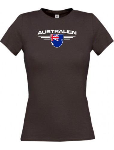 Lady T-Shirt Australien, Wappen mit Wunschnamen und Wunschnummer Land, Länder, braun, L