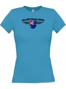 Lady T-Shirt Australien, Wappen mit Wunschnamen und Wunschnummer Land, Länder, türkis, L