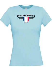Lady T-Shirt Frankreich, Wappen mit Wunschnamen und Wunschnummer Land, Länder, hellblau, L