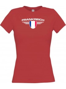 Lady T-Shirt Frankreich, Wappen mit Wunschnamen und Wunschnummer Land, Länder, rot, L