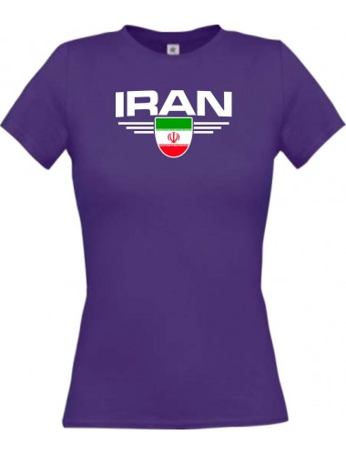 Lady T-Shirt Iran, Wappen mit Wunschnamen und Wunschnummer Land, Länder, lila, L